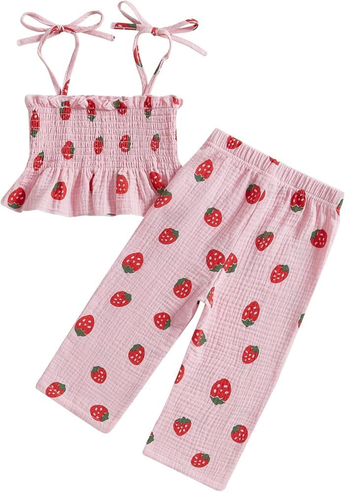 Lamuusaa Toddler Baby Girl Clothes Sleeveless Strawberry Crop Tops Cotton Linen Wide Leg Pants Su... | Amazon (US)