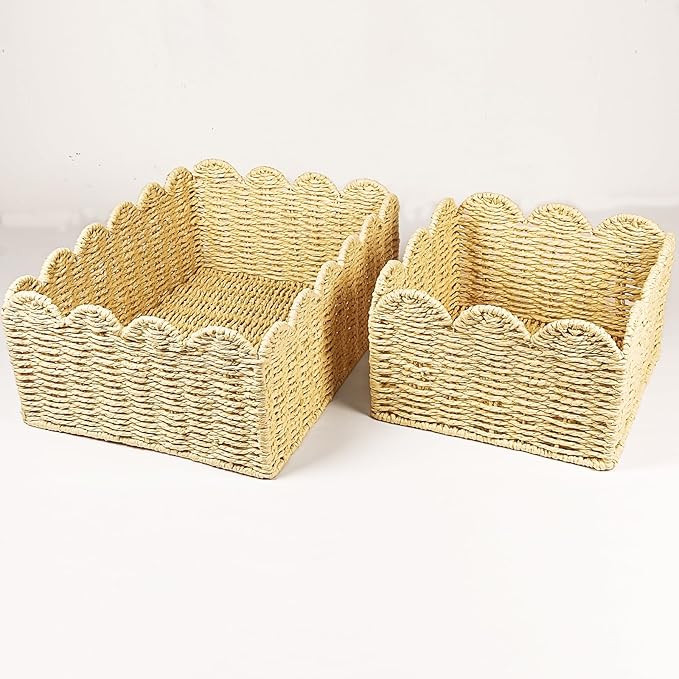 Scalloped Edge Basket, Wicker Storage Baskets, Hand Woven Baskets for Shelves,Natural Baskets for... | Amazon (US)