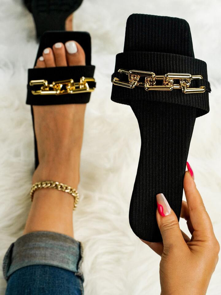 Punk Outdoors Flat Slippers for Women, Chain Decor Fabric Open Toe Slide Sandals | SHEIN