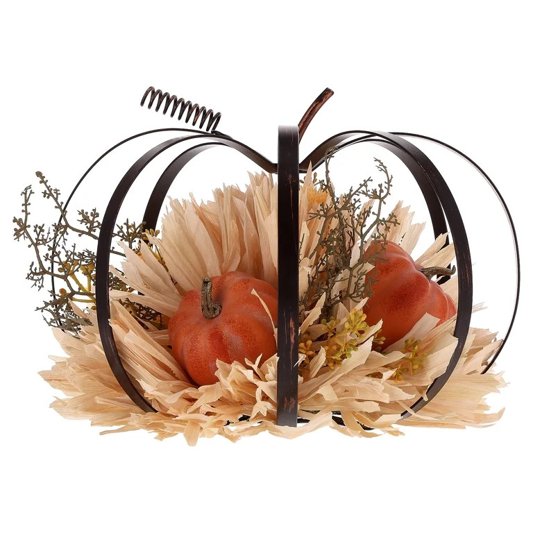 Metal Pumpkin Tabletop Decoration with Foliage, Multicolor, 8.5", Fall by Way To Celebrate | Walmart (US)