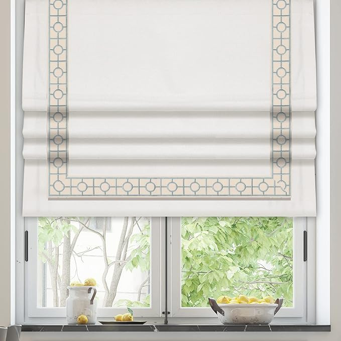 Roman Shades, Blackout Cordless Roman Shades, White Embroidered Blue Border Window Shades for Win... | Amazon (US)