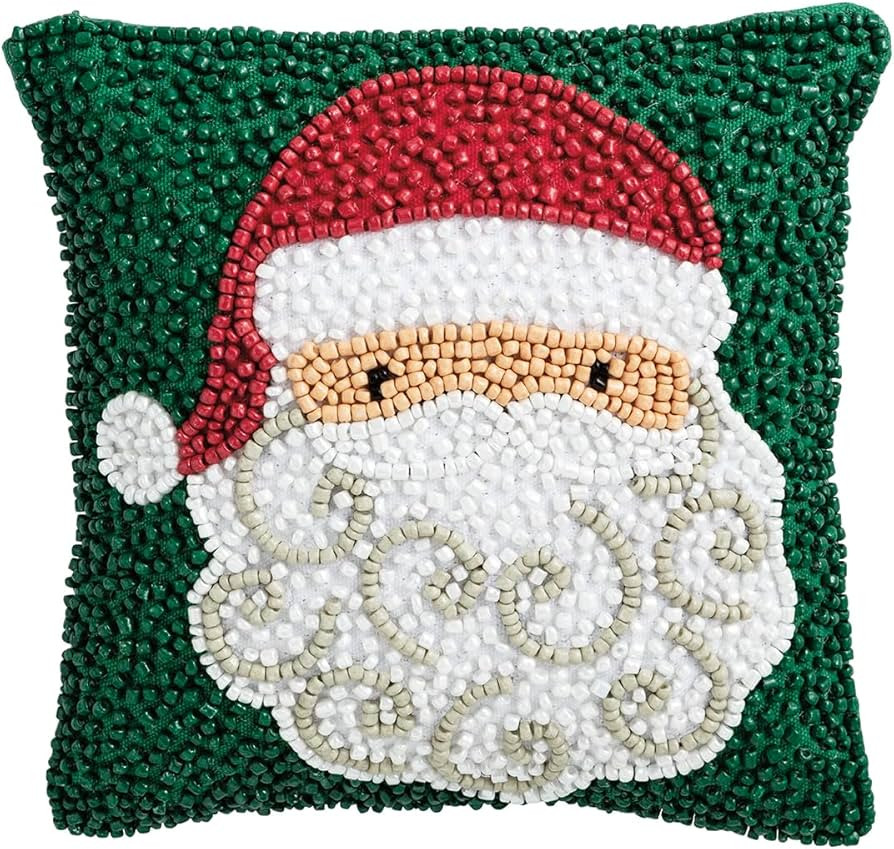 Mud Pie Christmas Santa Mini Beaded Pillow, 8" x 8", Green | Amazon (US)