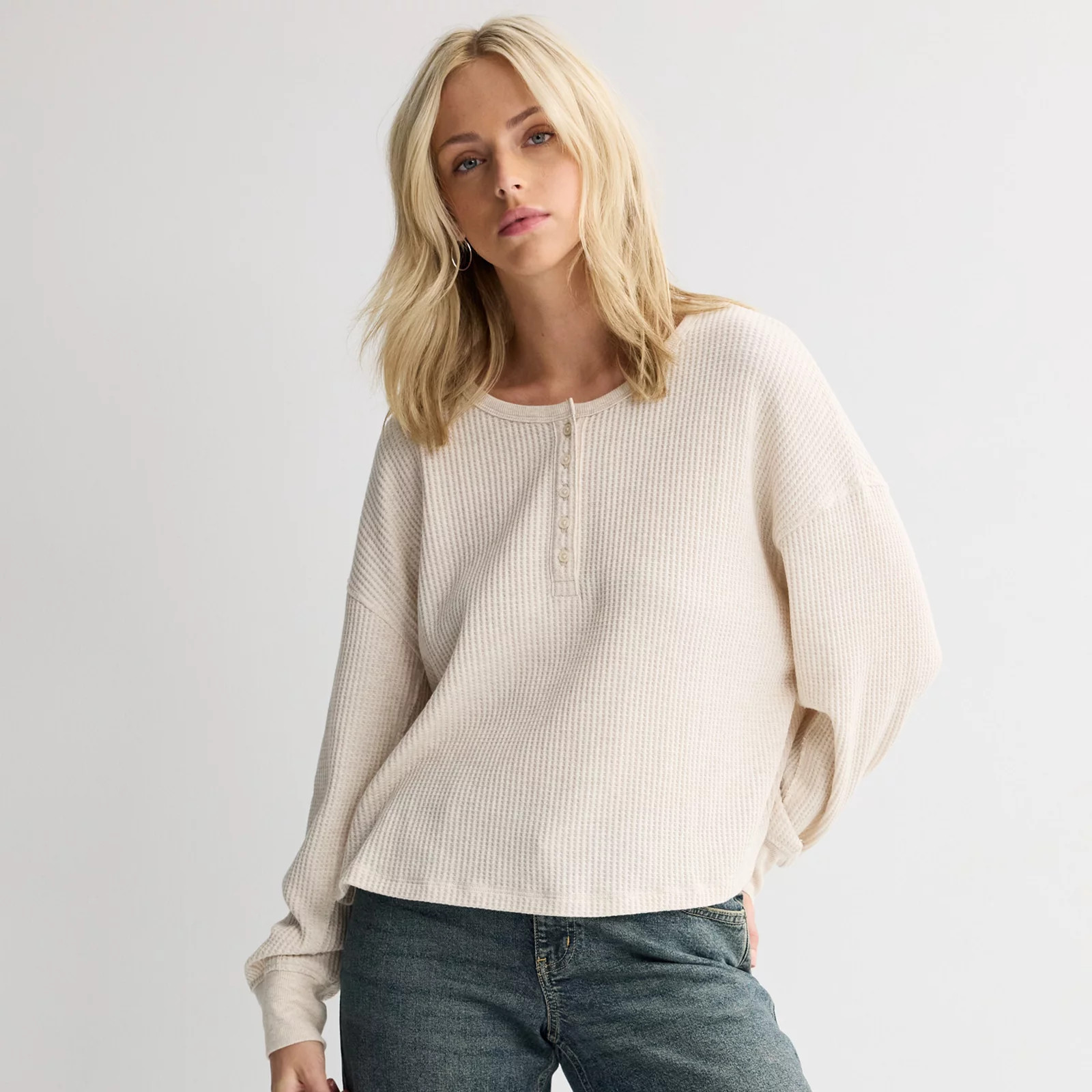 Juniors' SO\u00ae Waffle Henley Top | Kohl's