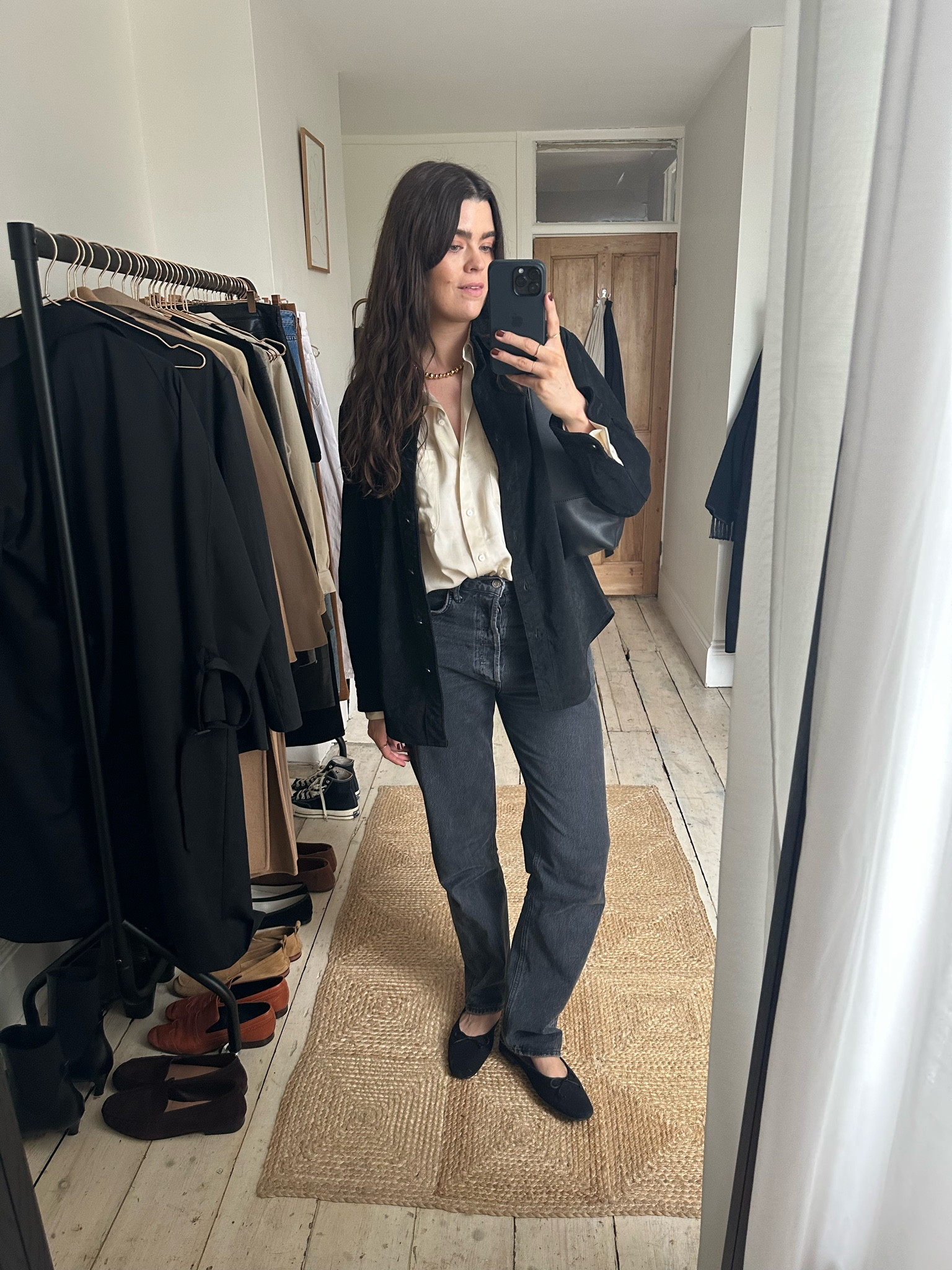 An autumn outfit that I would wear for a casual night out with friends: 

- Vintage suede shirt (I’ve found a good dupe, but there are loads on the secondhand market) 
- ARKET Silk shirt (I wear it in a 38) 
- Lie Studios Necklace 
- AGOLDE Jeans (these come up a little large, I wear them in a 28) 
- Flattered shoes (if you are between sizes then size up) 
- Loewe Shoulder Puzzle Bag 

#LTKeurope #LTKstyletip #LTKSeasonal