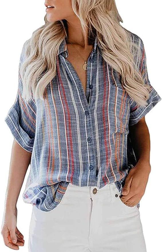HOTAPEI Womens Casual V Neck Striped Cuffed Sleeve Button Down Collar Blouses Shirts | Amazon (US)