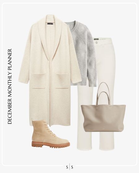 Monthly outfit planner: DECEMBER: Winter looks | ivory long knit coat, cashmere sweater, ecru straight jean, lace combat lug boot, neutral tote 

See the entire calendar on thesarahstories.com ✨ 

#LTKstyletip