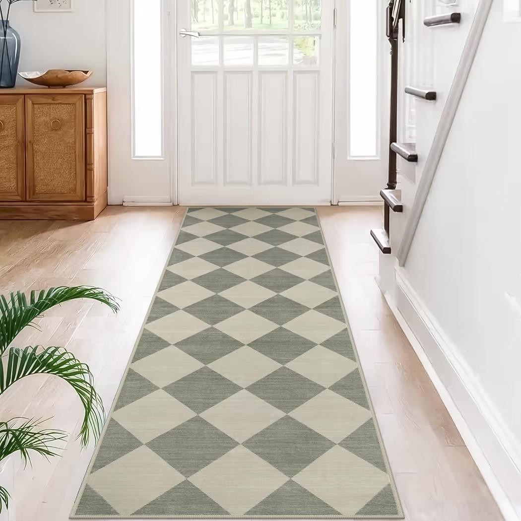 Beeiva Checkered Print Kitchen Runner Rugs Non Skid Washable 2.5x8, Ultra Thin Low Pile Green Run... | Amazon (US)