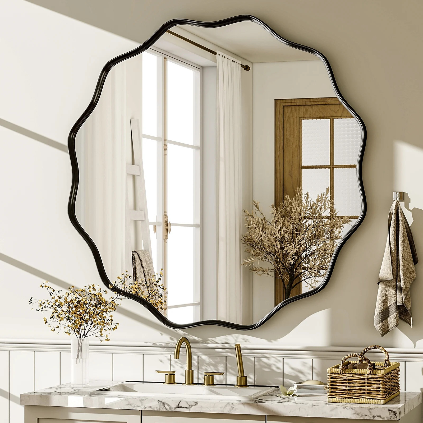 AUROMIR 36" Wavy Round Bathroom Mirror Wall Mounted Modern Vanity Mirror, Black | Walmart (US)