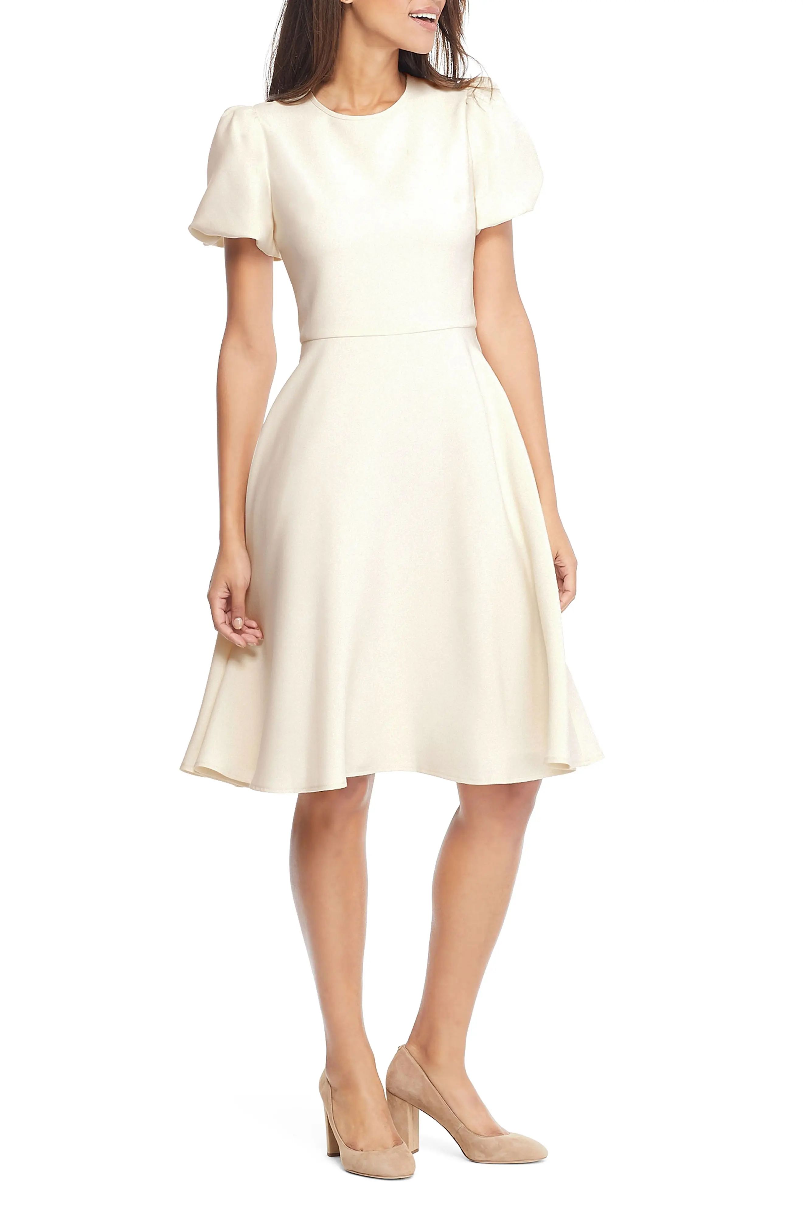 Women's Gal Meets Glam Collection Krista Puff Sleeve Crepe Fit & Flare Dress, Size 00 - Ivory | Nordstrom