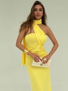 Aloruh New Elegant Solid Yellow Bodycon Pleated Decor Cold Shoulder Sleeveless Sash Dress,Party D... | SHEIN