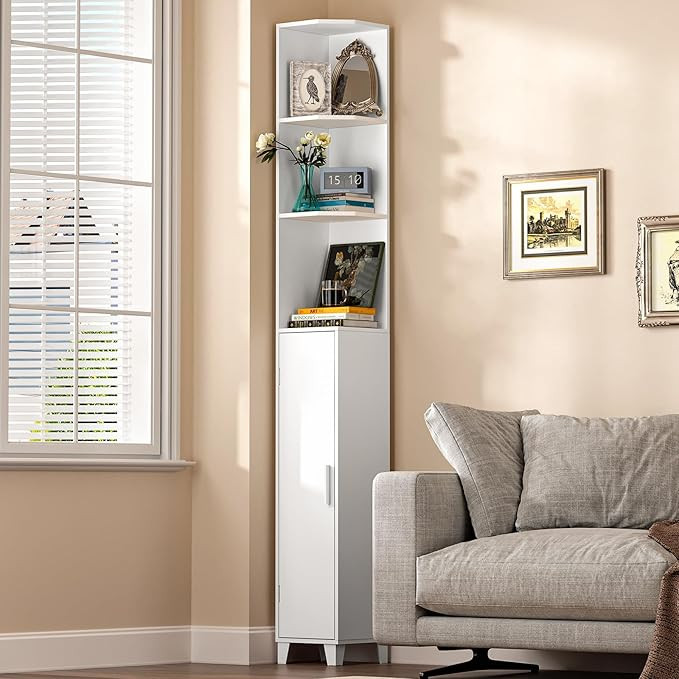MOHOPE Corner Shelf with Cabinet, 74.8" Tall Corner Cabinet with Door, 5-Tier Narrow Bookshelf wi... | Amazon (US)