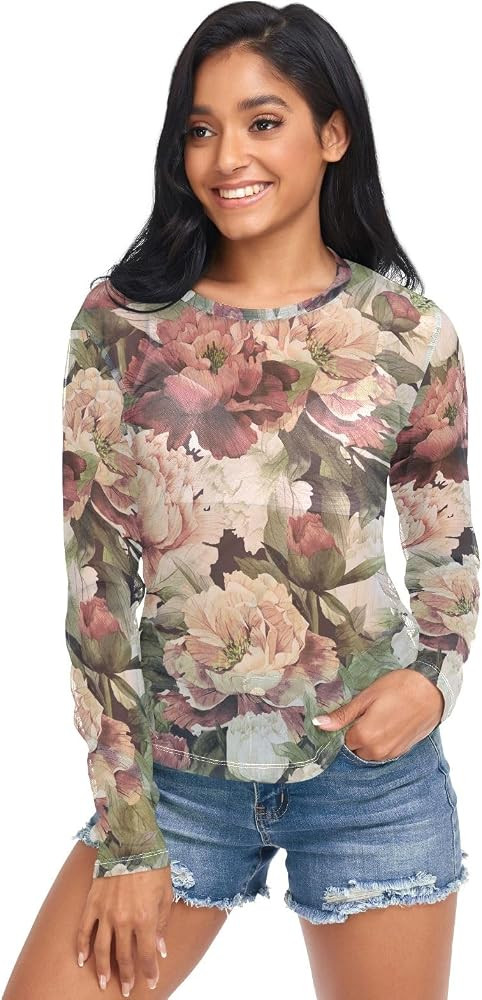 Women's Sexy Casual Shirts Vintage Floral Roses Crew Neck Tee Shirt Blouse | Amazon (US)