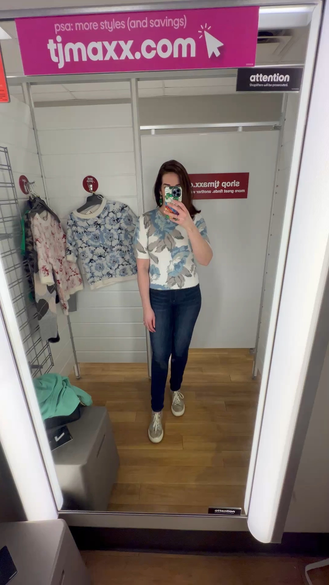 Blue floral fuzzy short sleeve sweater (xs). Dark wash mid rise skinny jeans (4). Gold and silver sneakers (8.5). #sweater #fuzzysweater #floralsweater #shortsleevesweater #skinnyjeans #midrisejeans #darkwashjeans #sneakers #goldsneakers 
spring outfits 2026 @TJ Maxx @Express @Guess @Macys 

#LTKSeasonal #LTKSpringSale