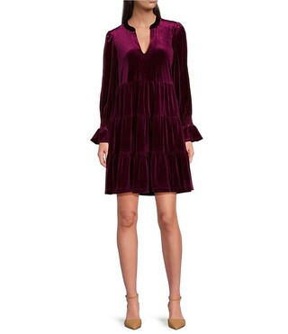 Stretch Velvet Split V-Neck Smocked Sleeve Babydoll Dress | Dillard's