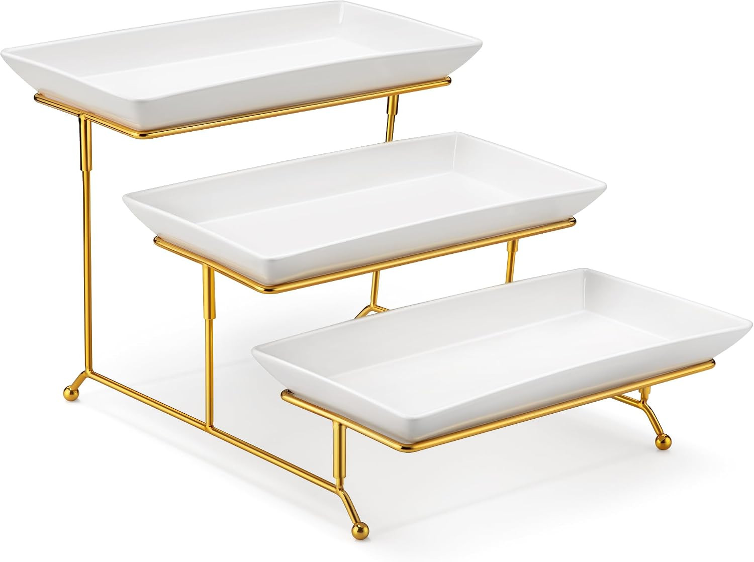 MALACASA 3 Tier Serving Trays for Party, 12 Inch Porcelain White Trays for Serving Food, Dessert Stand with Collapsible Gold Metal Rack | Amazon (US)