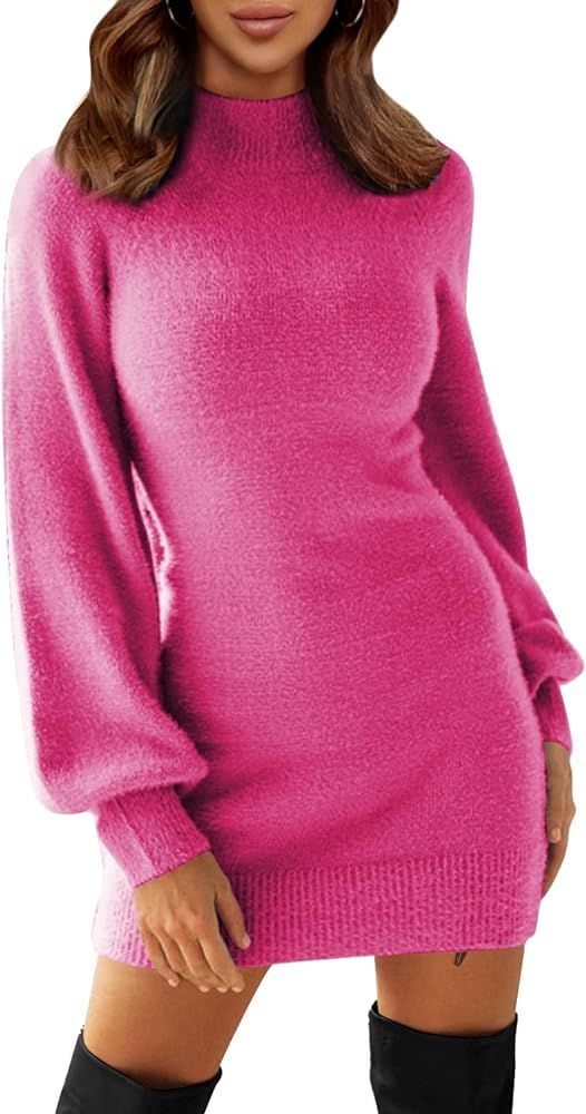 EXLURA Women's 2023 Mock Neck Ribbed Long Sleeve Bodycon Pullover Cute Mini Sweater Dress | Amazon (US)