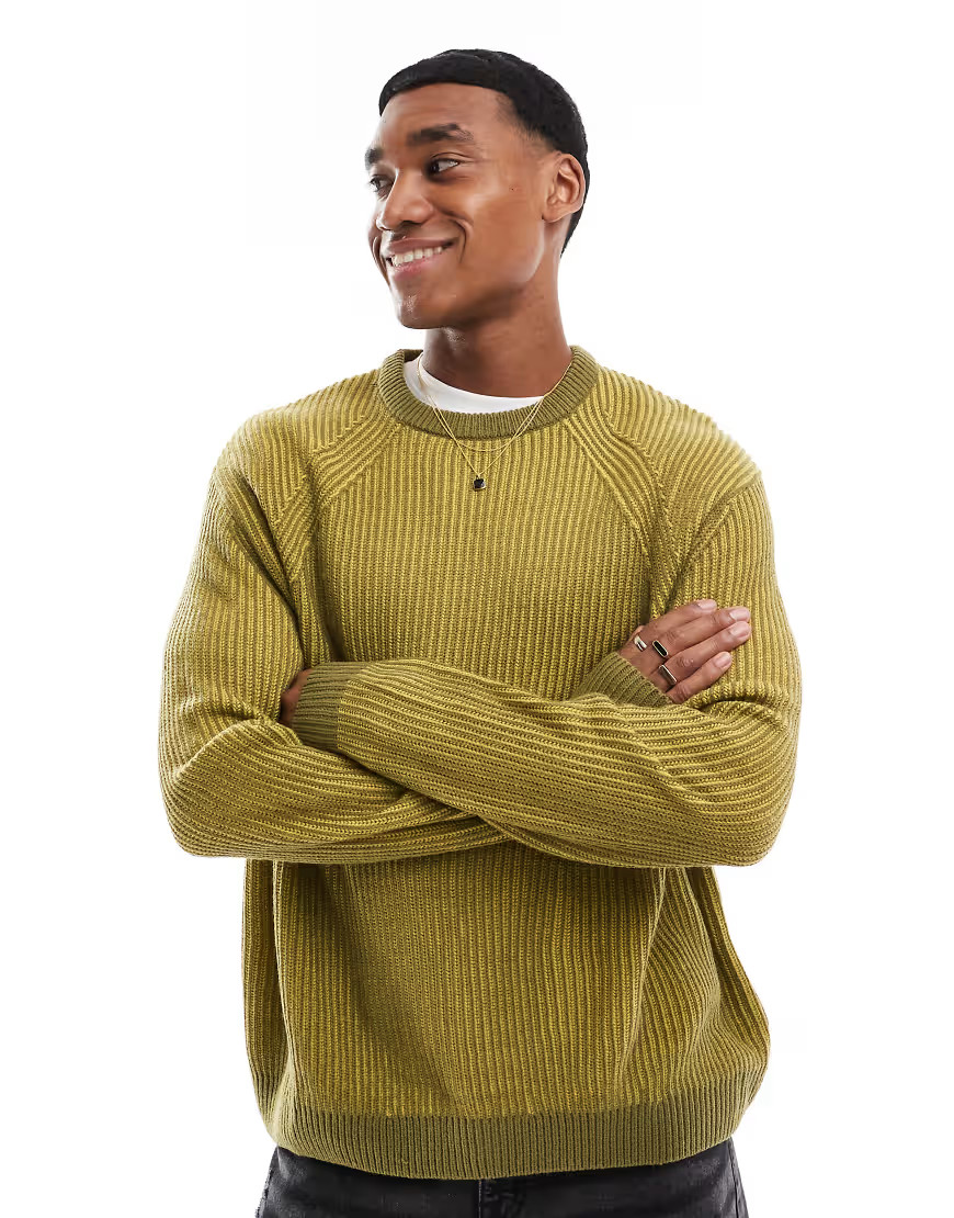 ASOS DESIGN oversized rib knit pleated fisherman sweater in chartreuse-Green | ASOS (Global)