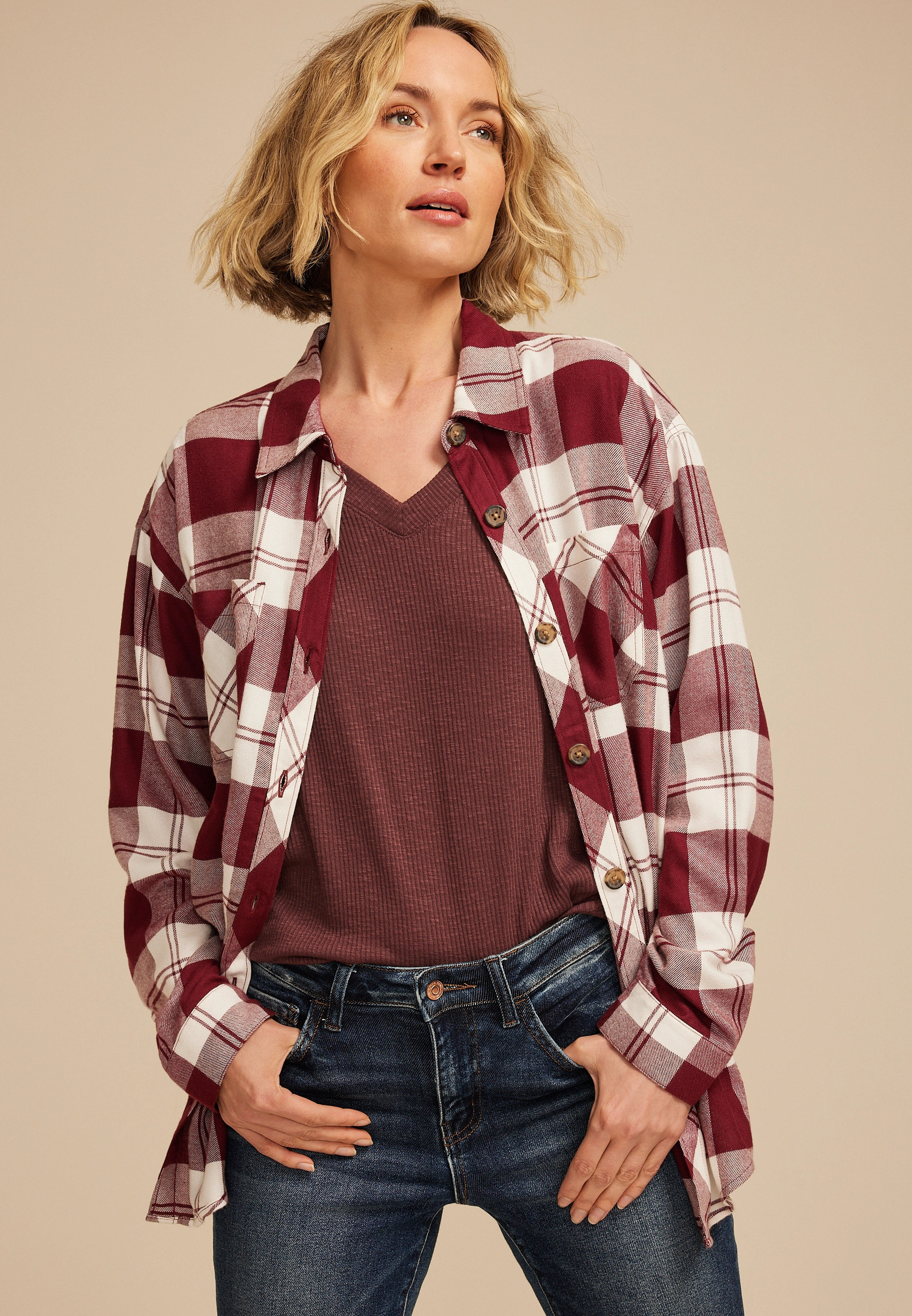 Maurices Women's Game Day Plaid Button Down Shirt Red Size Medium | Maurices