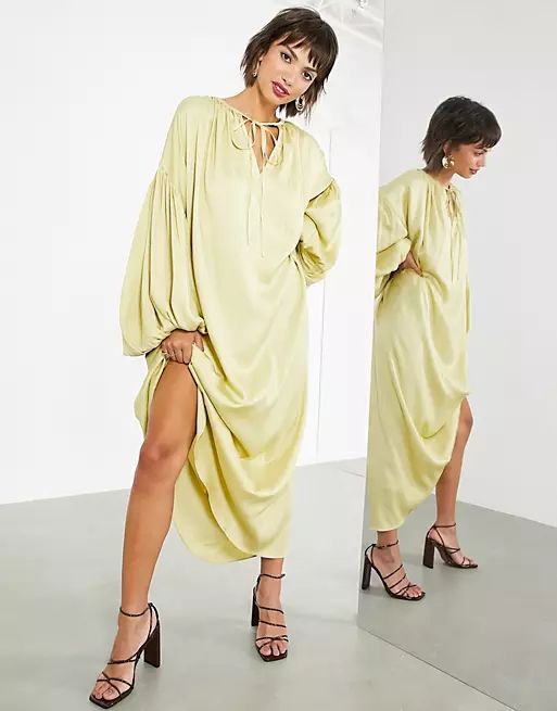 ASOS EDITION oversized maxi dress with blouson sleeve in olive | ASOS (Global)