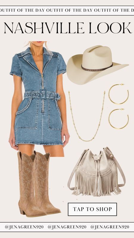 Nashville Look | Nashville Outfit | Denim Dress | Cowboy Boots | Fringe Pursee

#LTKitbag #LTKtravel #LTKFestival