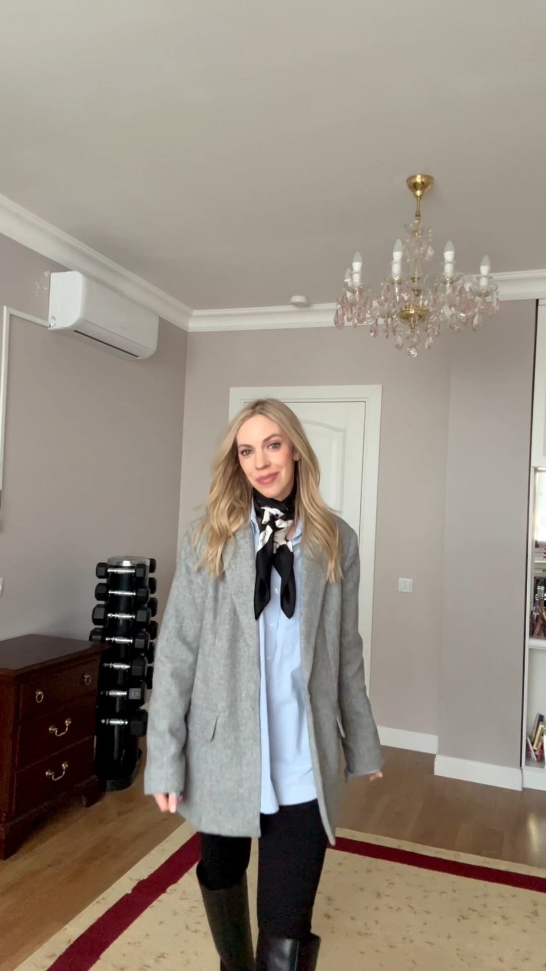 Workwear look, office style, gray blazer, blue button down shirt, Chanel scarf, black leggings styled for the office 

#LTKOver40 #LTKootd #LTKWorkwear