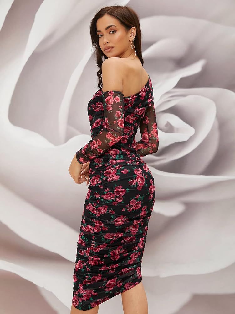 WDIRARA Women's Floral Print Mesh Long Sleeve One Shoulder Bodycon Dress | Amazon (US)