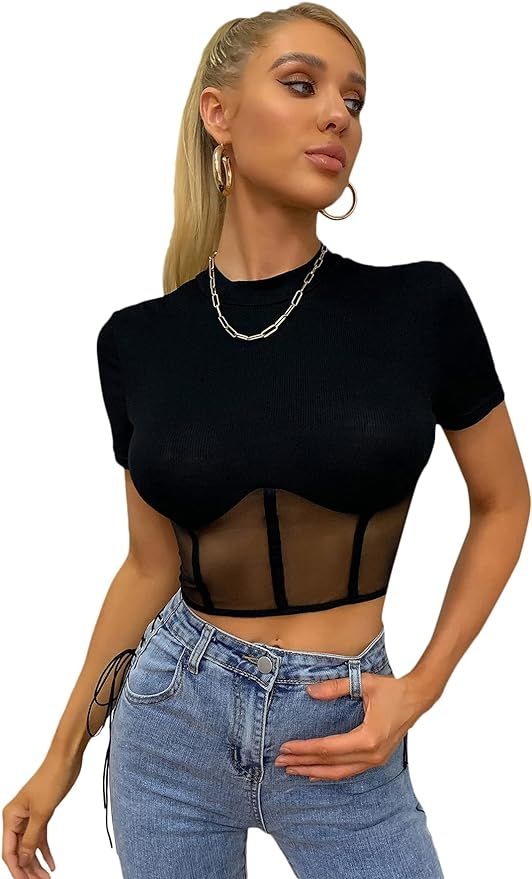 Floerns Women's Contrast Mesh Short Sleeve Mock Neck Tee Shirts Crop Tops | Amazon (US)