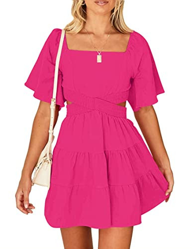 Wimsihal Women's Summer Dresses Square Neck Casual Short Sleeves Elastic Waist Party Mini Dress Rose M | Amazon (US)