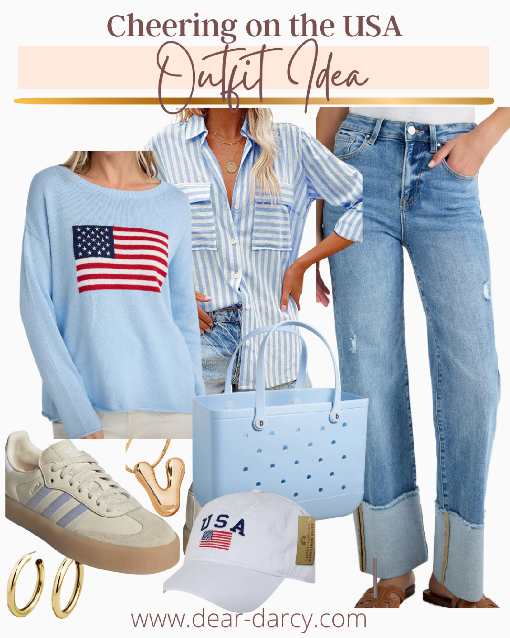 Supporting the USA🇺🇸

USA outfit inspiration… 
Just the right amount of use spirit 🇺🇸🤍

You know I adore cornflower blue and this look is easy to wear year round!

Risen jeans with large on trend cuff are comfortable, fit tts and look great on all body types.  Dress up or down 

Light blue sweater with flag  fits tts

Inspired Bogg bag I for a fraction of the cost  

USA white baseball cap 

Stripe button up shirt 

Gold hoops bauble bar 
 Puff Initial gold necklace 

Addis tennis shoes tts 

Cute back to school outfit too


On trend bogg bag 

#LTKBacktoSchool #LTKStyleTip #LTKFindsUnder100