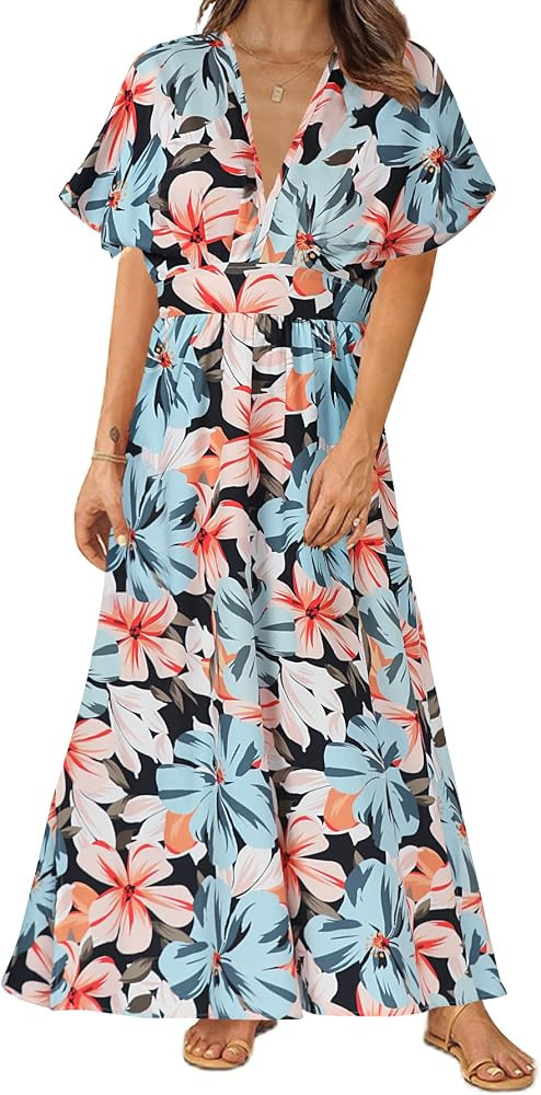 LYANER Women's Floral Boho Deep V Neck Batwing Short Sleeve High Waist Split Slit Shift Dress | Amazon (US)
