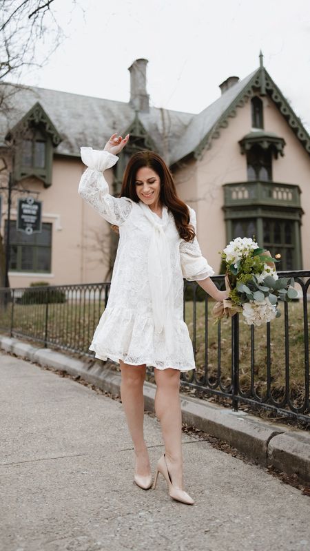 Sweet, airy, and feminine - this white dress has beautiful lace detailing and a flowing bow collar. Great option for the bride to be, could envision it for a bridal shower or other spring party. It's a great mini length.Wearing the small. Almost sold out, so order quickly if you're interested!Bridal shower dress • spring dresses 

#LTKstyletip #LTKSeasonal #LTKfindsunder100
