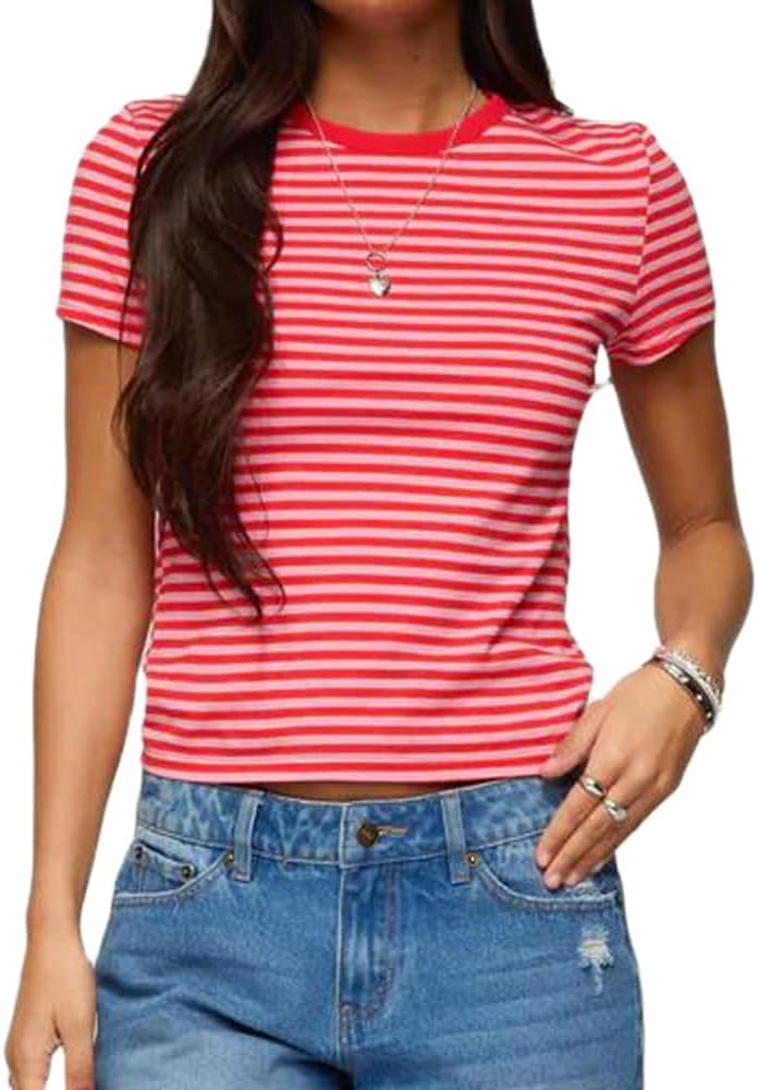 Women Y2K Striped T-Shirt Short Sleeve Crew Neck Crop Top Basic Baby Tees Vintage Going Out Crop ... | Amazon (US)