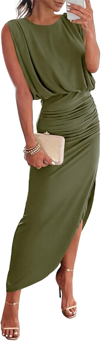 ANRABESS Women 2023 Summer Sleeveless Ruch Bodycon High Waist Asymmetric Slit Cocktail Maxi Dress | Amazon (US)