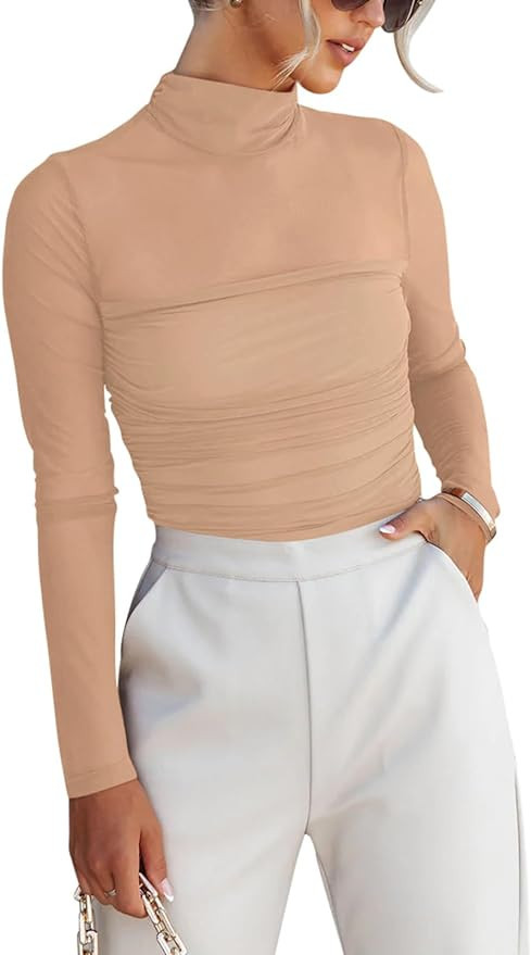 REORIA Women’s Sexy Mock Turtle Neck Long Sleeve Sheer Mesh Ruched Going Out Bodysuits Tops | Amazon (US)