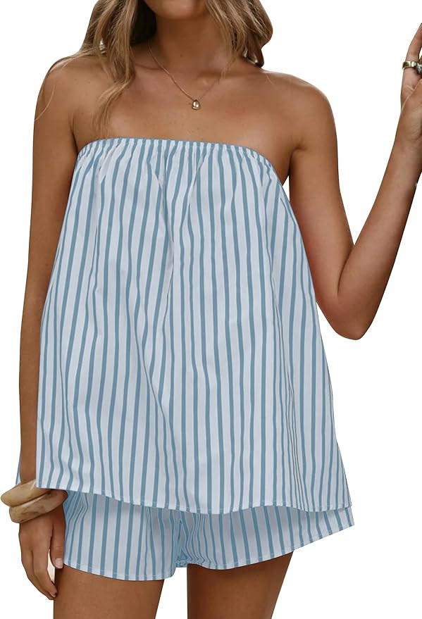 calbatic Women Striped Two Piece Shorts Set Strapless Tube Top Lounge Sets Summer Vacation Resort... | Amazon (US)