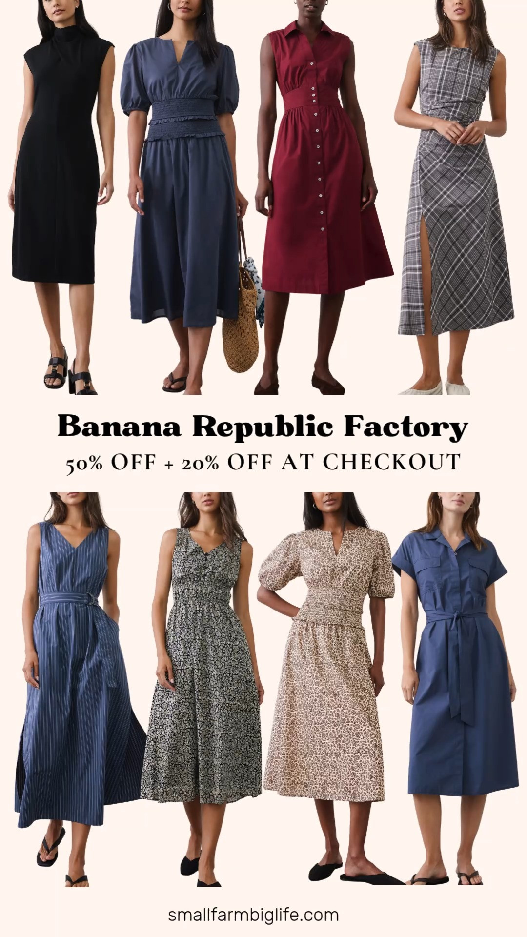 Banana Republic Factory is offering 50% off plus an extra 20% off at checkout, and their dress selection right now is so good for fall.
The black mock neck midi dress is a simple, polished piece perfect for the office or date night. The grey and black plaid high neck draped midi dress brings in a cozy fall pattern with a flattering drape.
For a classic look, the dark harbor blue poplin utility midi shirtdress and the ruby red poplin collared button down midi dress are both versatile styles that work for work or weekend. The navy and white striped poplin belted maxi dress is a great transitional piece with a defined waist.
I love the navy puff sleeve smocked waist midi dress for its romantic detailing, and the black and cream floral elastic detail midi dress is perfect for adding a print into your fall wardrobe. The cream and brown floral puff sleeve smocked waist midi dress rounds out the florals with warm, seasonal color.
#bananarepublicfactory #falldress #middidress #falloutfit #transitionalstyle 

 #LTKootd #LTKOver40 #LTKWorkwear