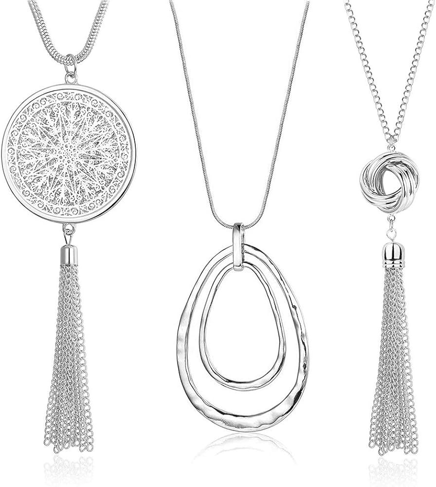 SEVENSTONE 3PCS Long Pendant Necklaces for Women Knot Disk Circle Tassel Statement Sweater Neckla... | Amazon (US)