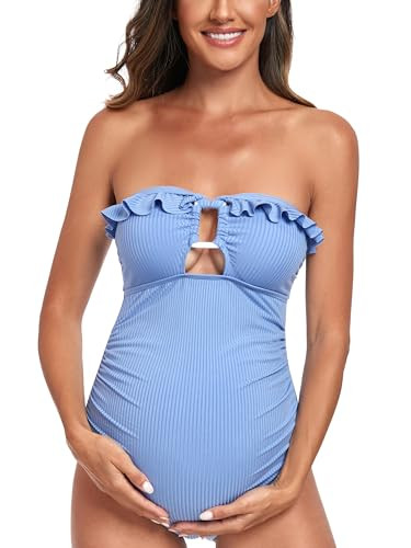 EastElegant Maternity Ruffle Ribbed Cutout One Piece Swimwear Square Ring Linked Pregnancy Bathin... | Amazon (US)