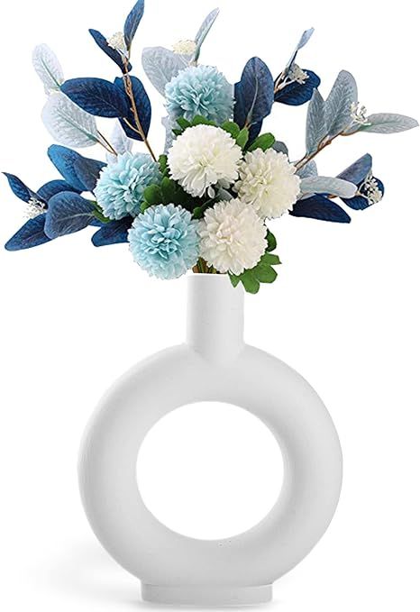 Modern White Ceramic Circle Vase - Nordic Minimalistic Circular Hollow Flower Vase Decor Pampas D... | Amazon (US)