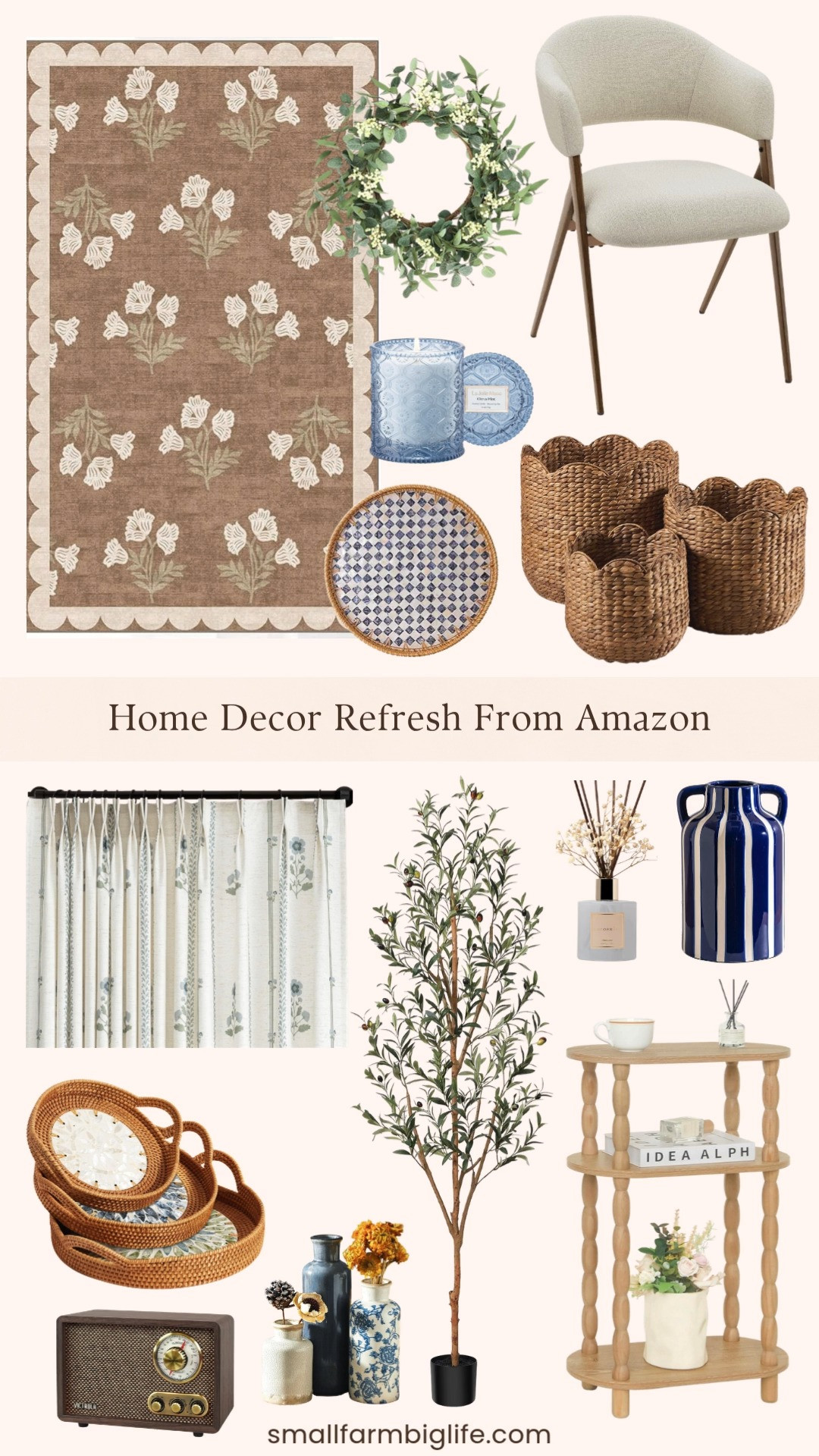 Sharing some of my favorite home decor finds from Amazon that are giving such a beautiful fresh and natural feel! From the prettiest blue and white ceramic vases and a retro Bluetooth radio to handwoven rattan trays, an olive tree, scalloped water hyacinth baskets, and the most gorgeous floral entry rug, these are the kinds of pieces that make a home feel warm, layered, and put together. So many beautiful finds at really great prices. Linking everything below! 

 #LTKHome #LTKSaleAlert