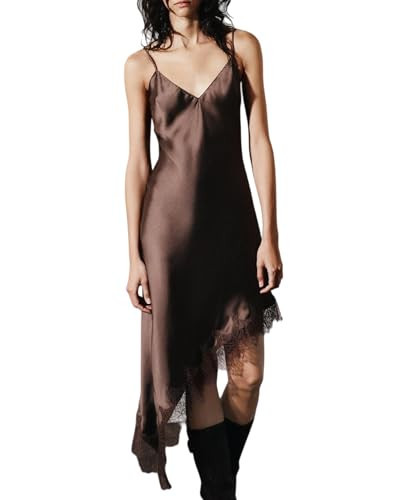 Women Lace Satin Asymmetrical Dress Y2k Spaghetti Strap High Low Silk Dress Sexy Layering Slip Dresses Party(Sexy Brown,Medium) | Amazon (US)
