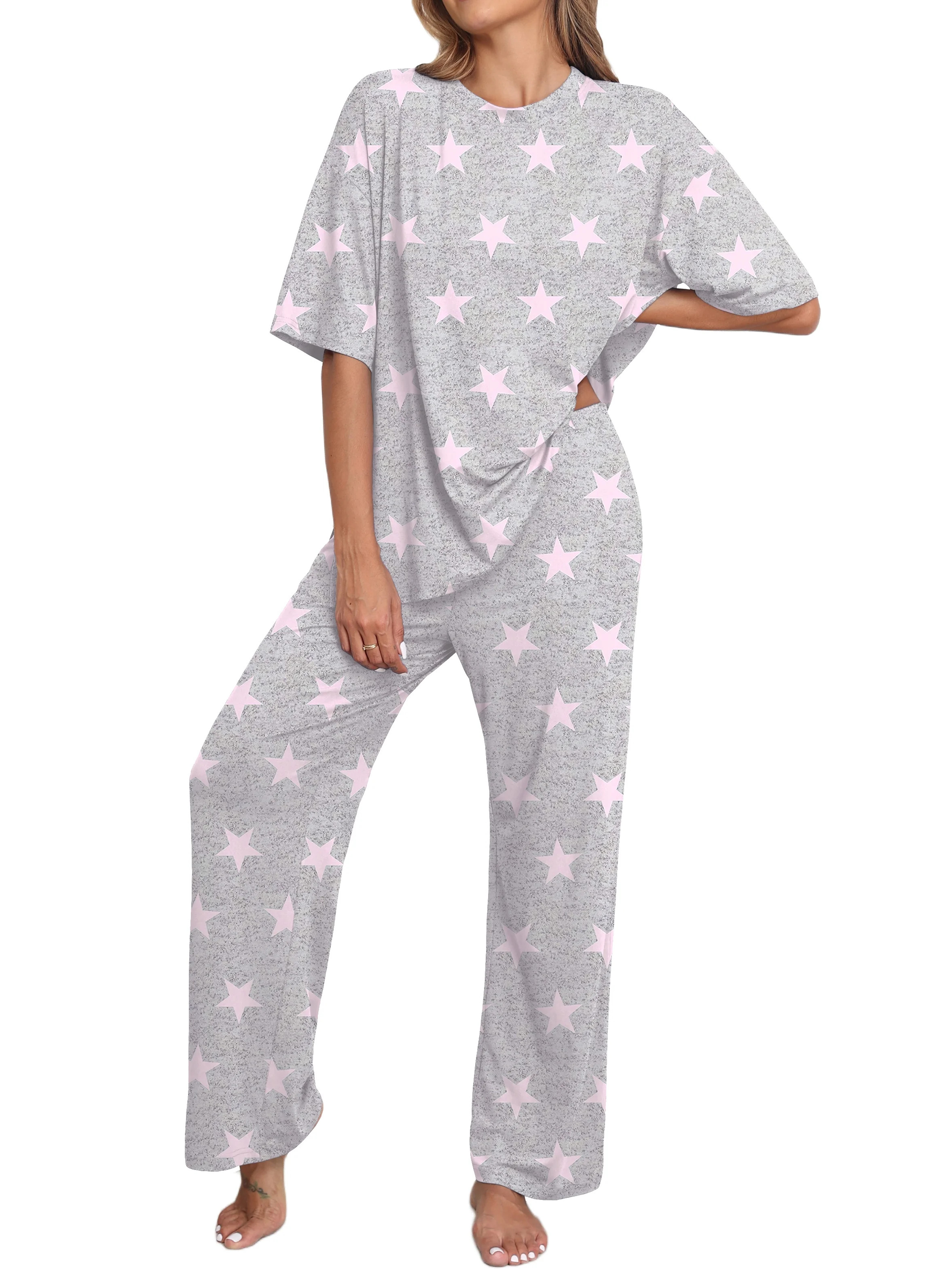 MINTREUS Lounge Sets for Women Knit Short Sleeve Tops and Long Pants Soft Comfy Pajamas Set Overs... | Walmart (US)