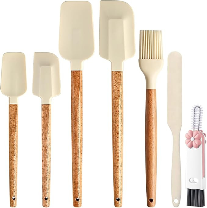 Silicone Spatula Set - 7 Piece Food Grade Rubber Spatula, Heat Resistant Up to 600°F, Wooden Han... | Amazon (US)