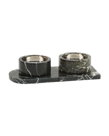 3pc Marble Pet Bowls With Tray Set | Metal | Marshalls