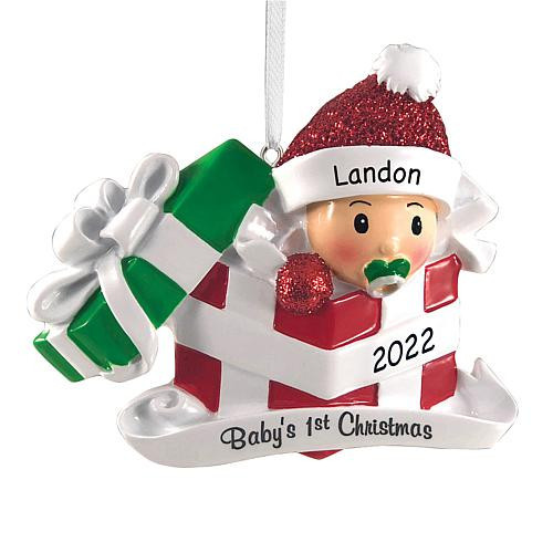 Custom Personalization Red & White Baby in Present Personalized Ornament | HSN