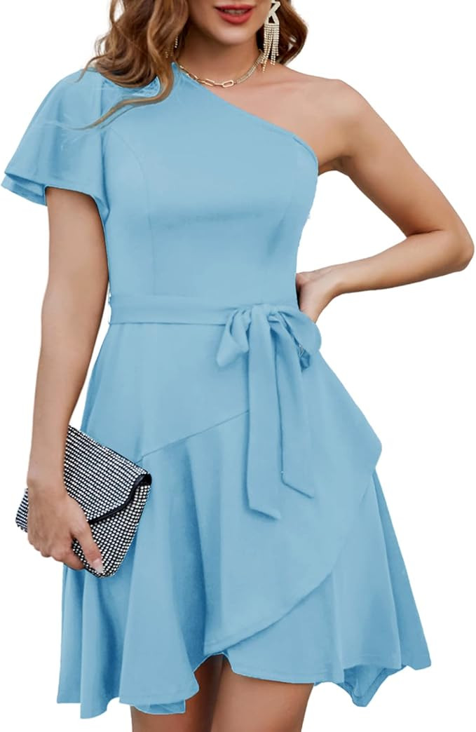 GRACE KARIN Women's Cocktail Dresses Elegant One Shoulder Wedding Guest Dress Ruffle Short Sleeve... | Amazon (US)