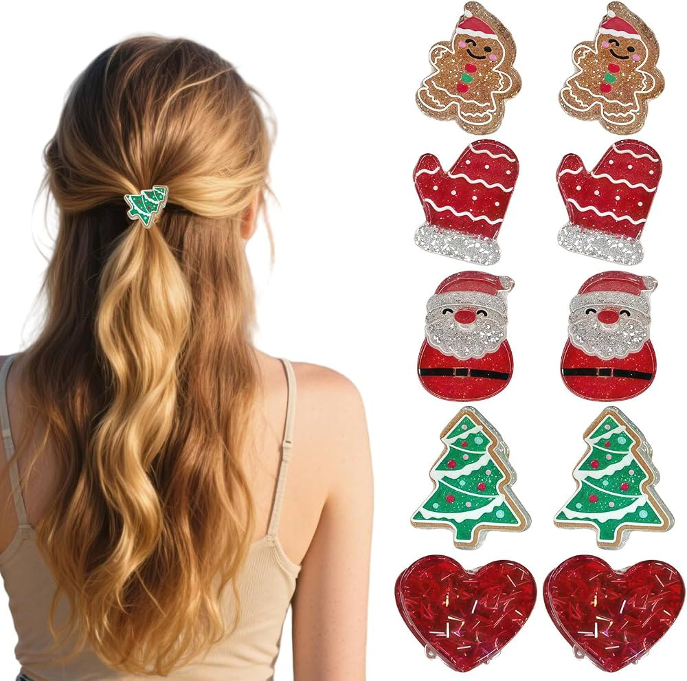 10 PCS Christmas Santa Heart Mini Hair Claw Clips for Women, Acrylic Tree Mitten Hair Clips for T... | Amazon (US)