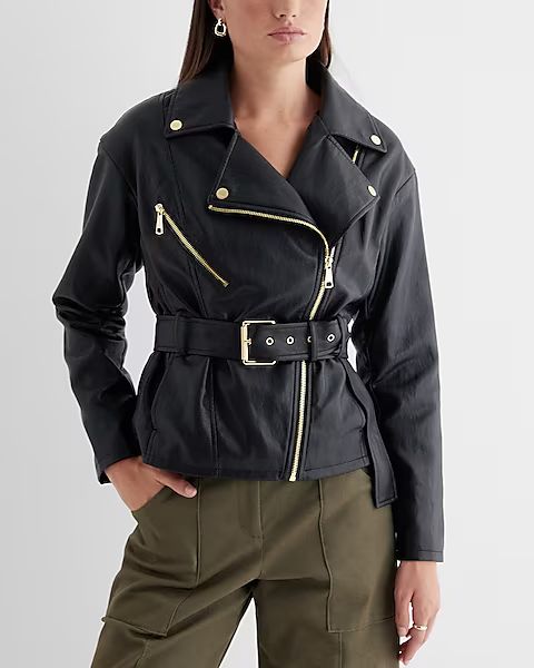 Faux Leather Belted Moto Jacket | Express
