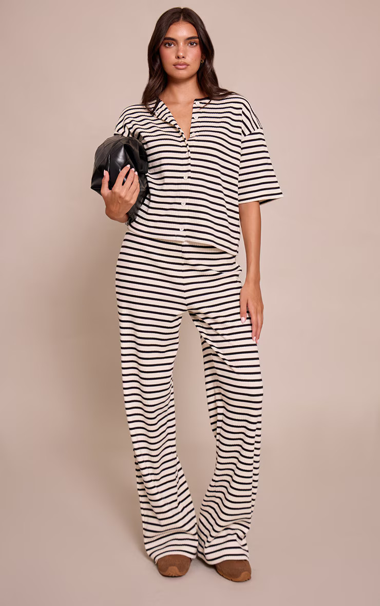 Cream Stripe Rib Wide Leg Trouser | PrettyLittleThing UK