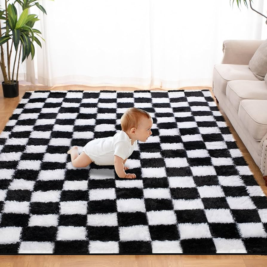 Super Soft Rug for Bedroom, 5x7 Ft Black and White Area Rug Classic Checkered Shaggy Anti-Skid Hi... | Amazon (US)
